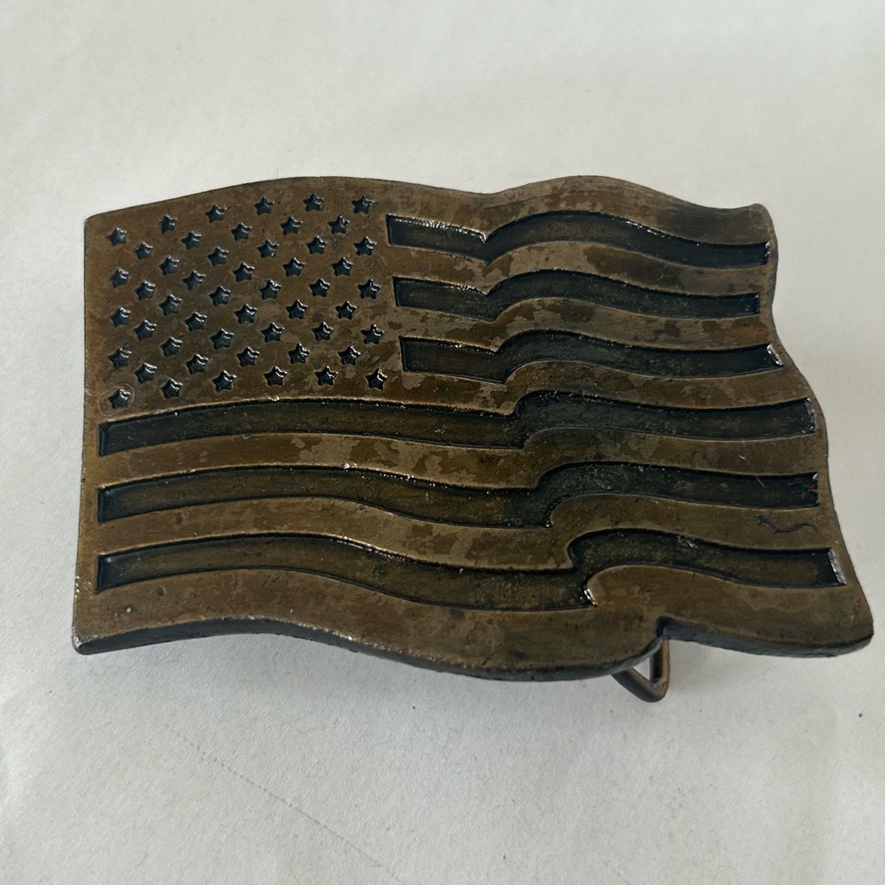 American Flag Metal Belt Buckle - Antique Brass Tone